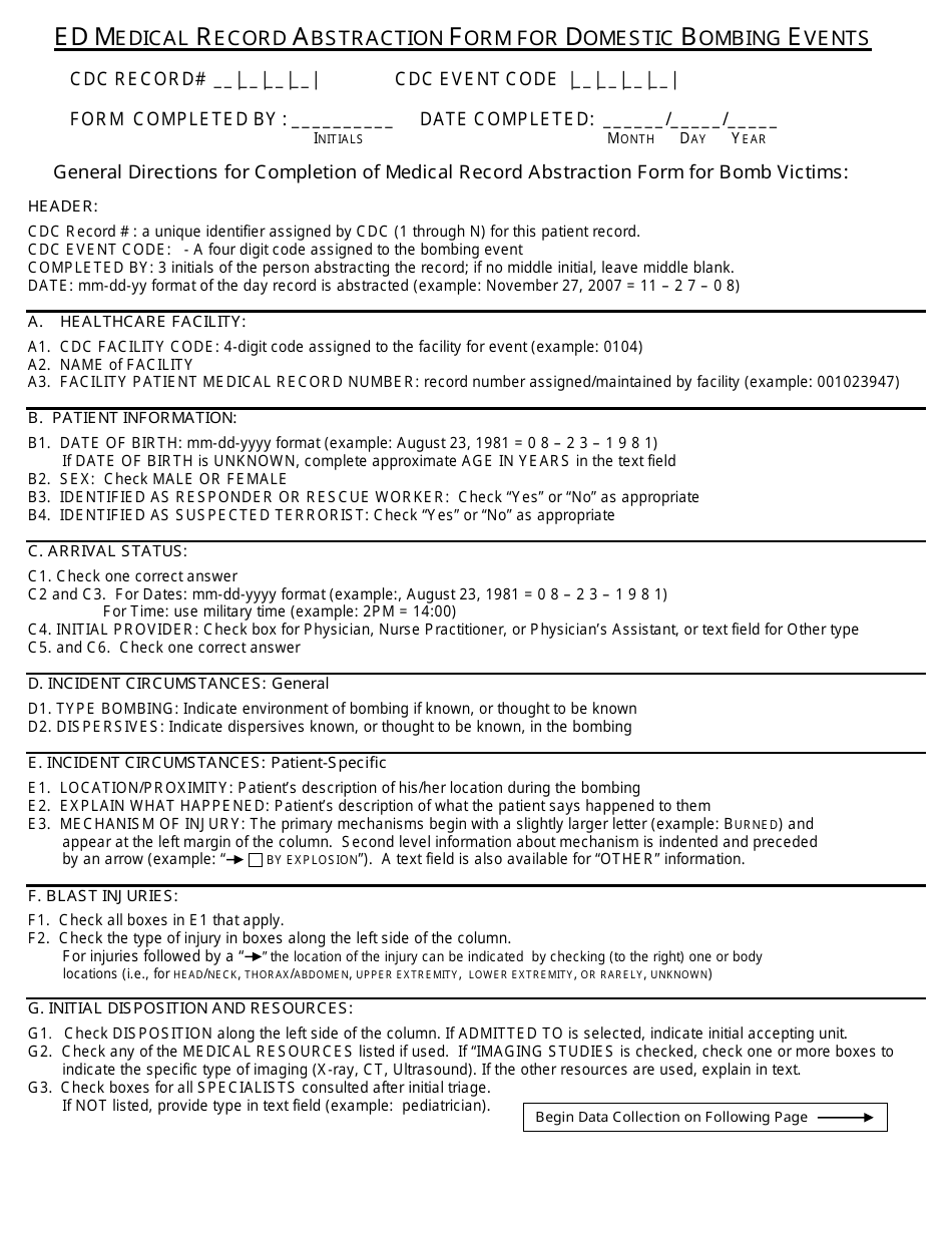 Ed Medical Record Abstraction Form For Domestic Bombing Events - Fill 