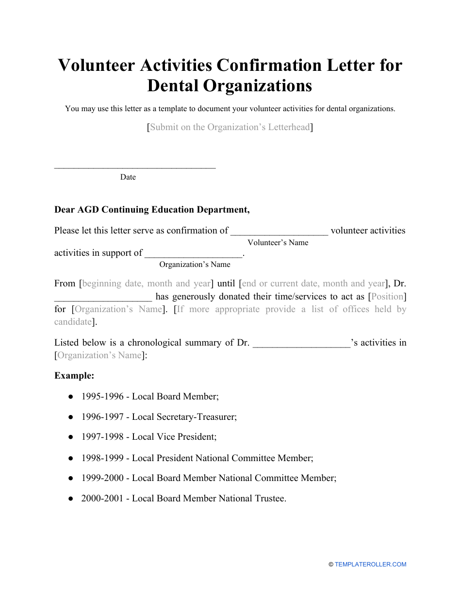 Volunteer Activities Confirmation Letter Template for Dental / Non-dental Organizations, Page 2