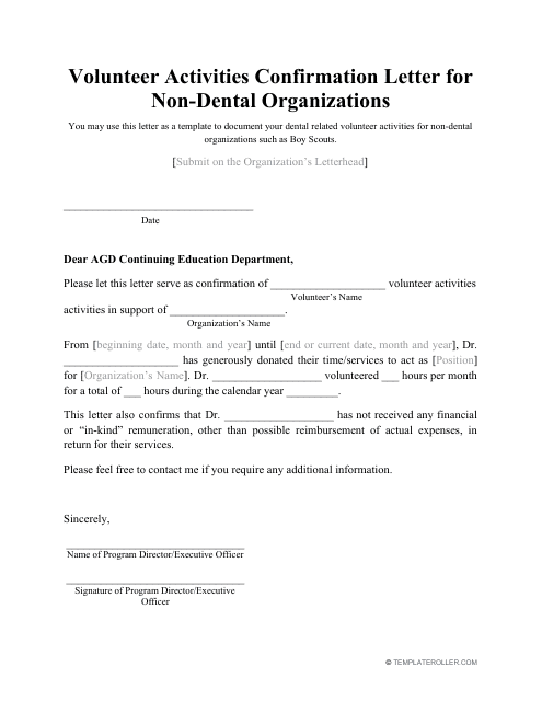 Volunteer Activities Confirmation Letter Template for Dental/Non-dental Organizations