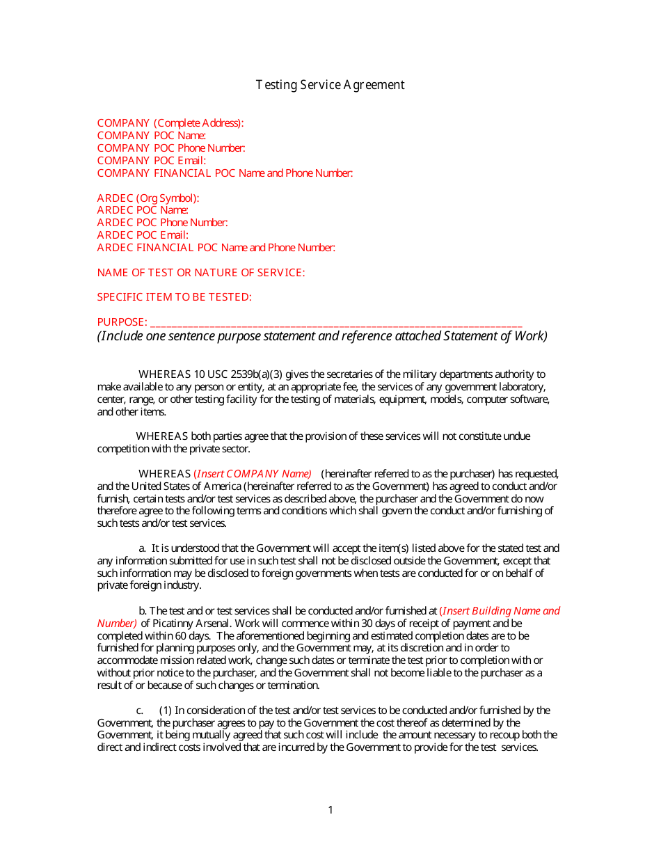 Test Service Agreement Template - Picatinny Arsenal, Page 1