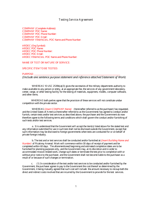 Test Service Agreement Template - Picatinny Arsenal
