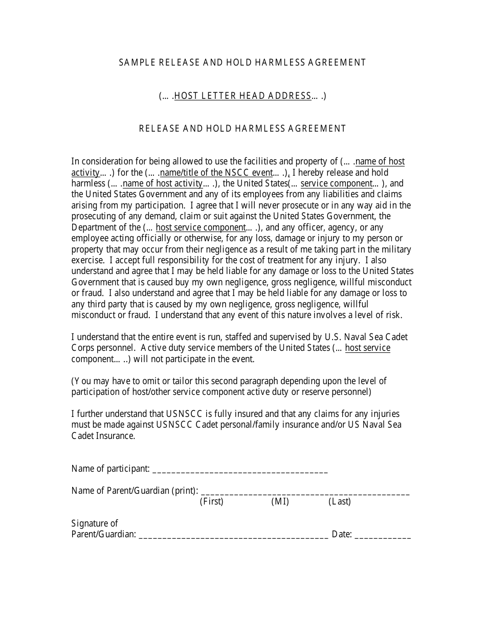 Sample Release and Hold Harmless Agreement Template, Page 1