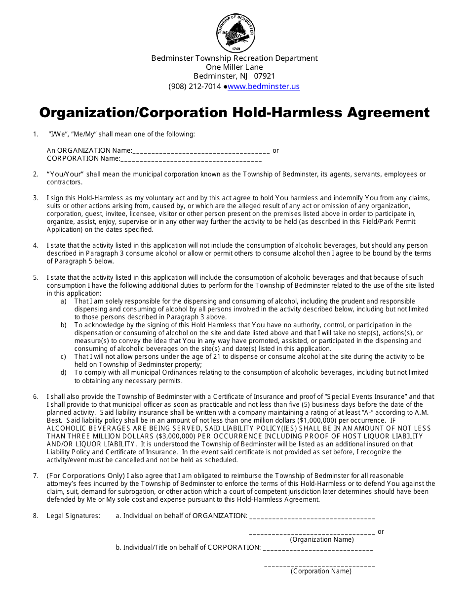 Organization / Corporation Hold Harmless Agreement Form - Township of Bedminster, New Jersey, Page 1