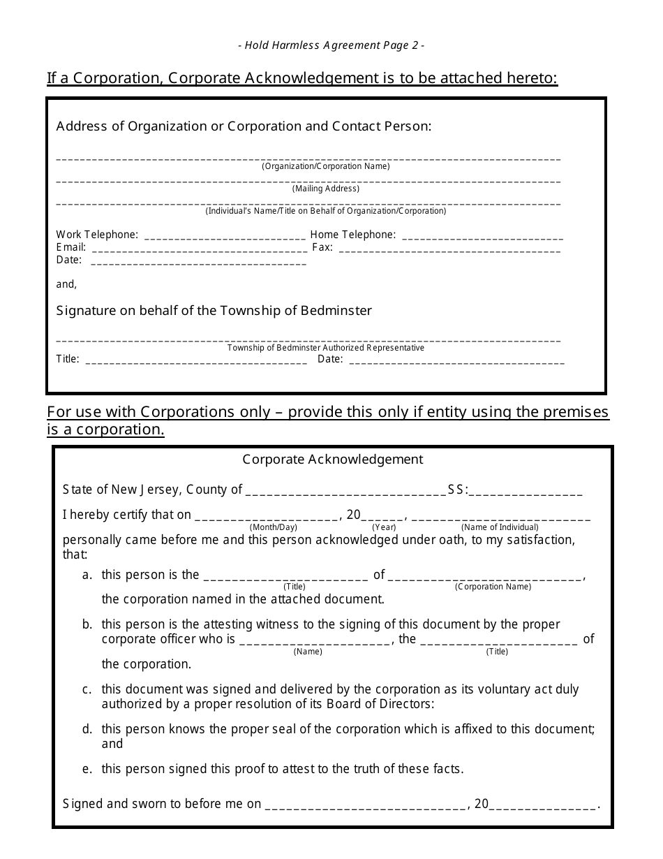 Organization / Corporation Hold Harmless Agreement Form - Township of Bedminster, New Jersey, Page 2