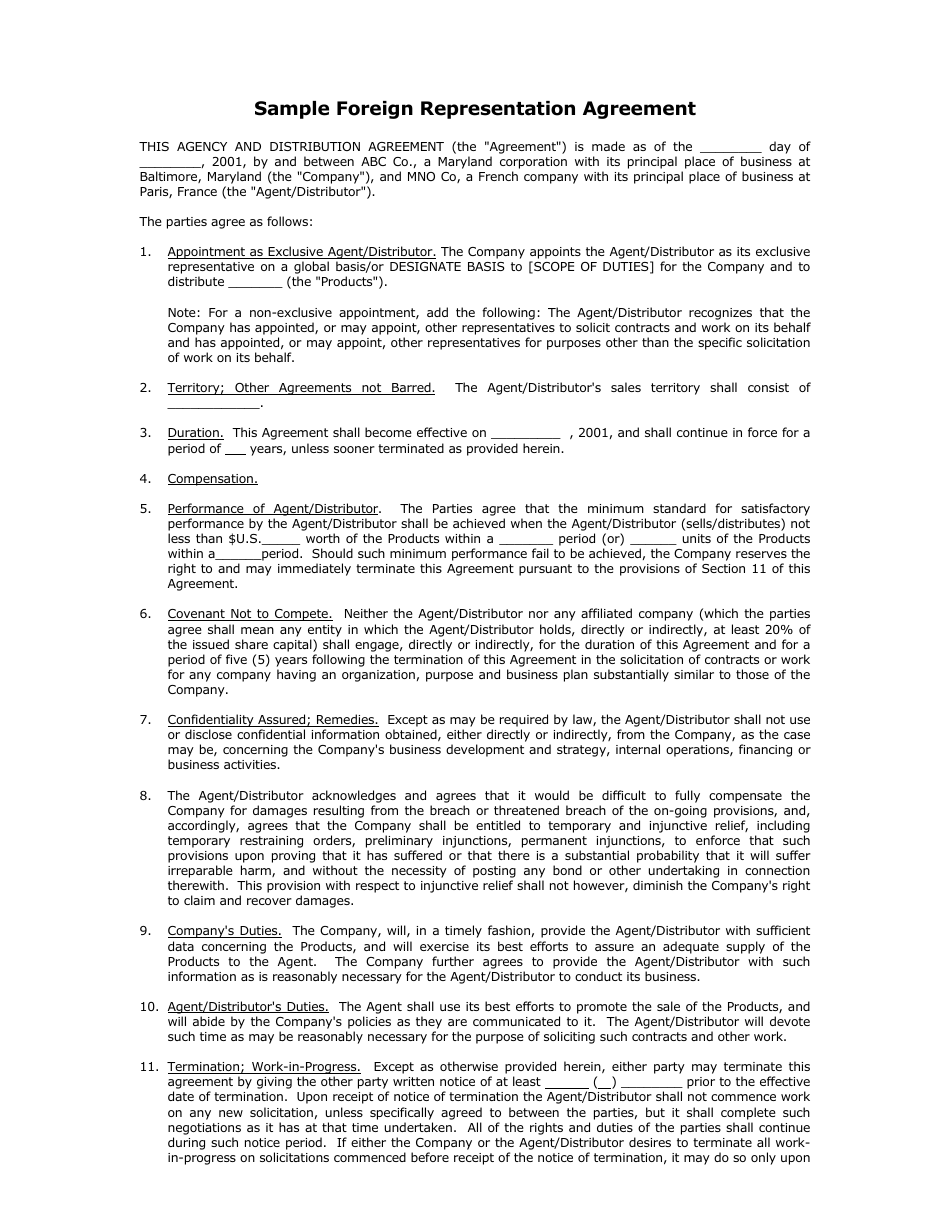 Sample Foreign Representation Agreement Template - Maryland, Page 1