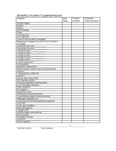 Monthly Income Expense Record Template Download Printable PDF 