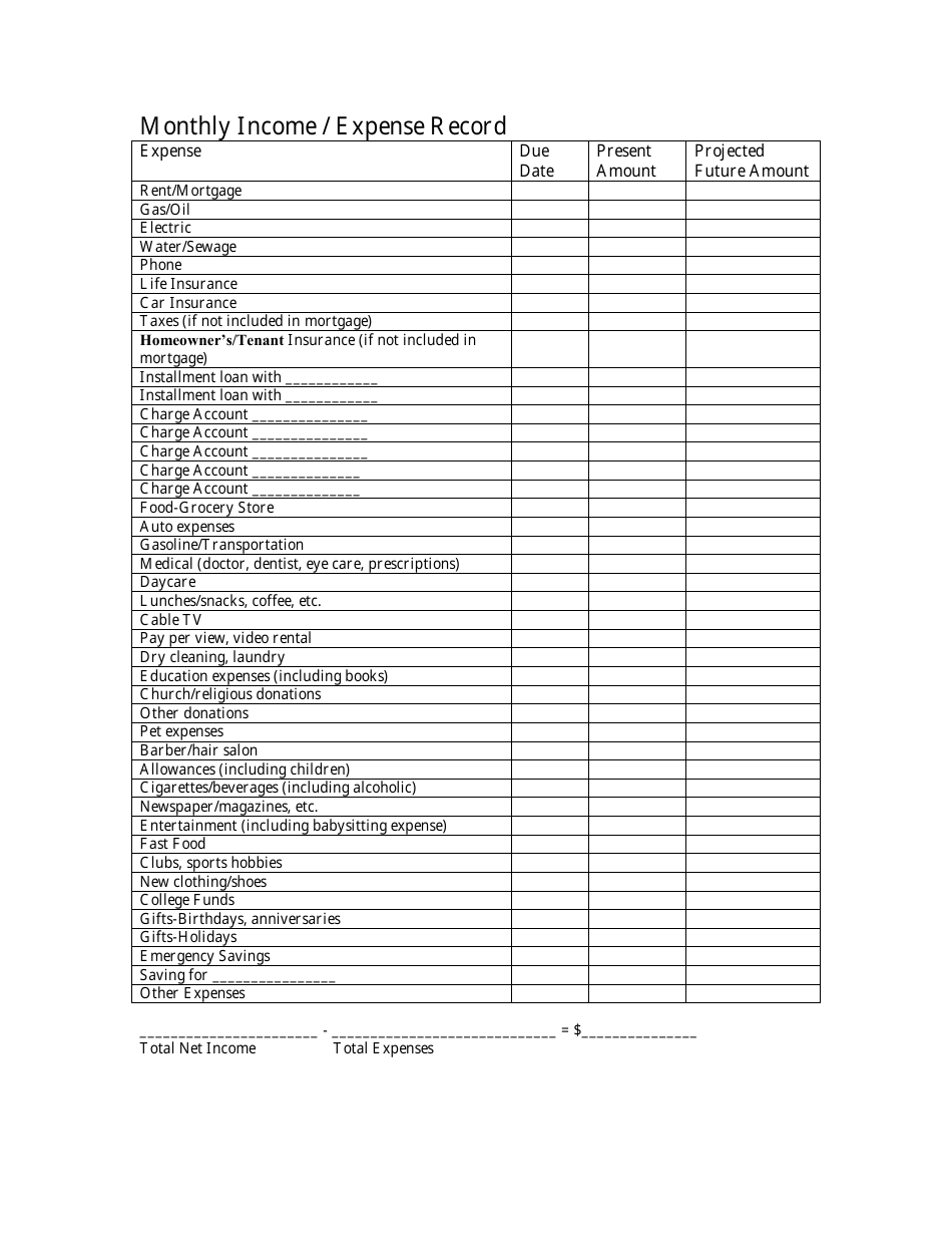 Monthly Income Expense Record Template