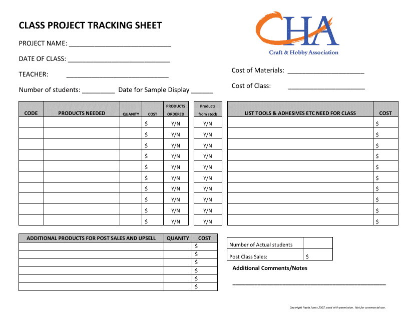 Class Project Tracking Sheet Template - Craft & Hobby Association