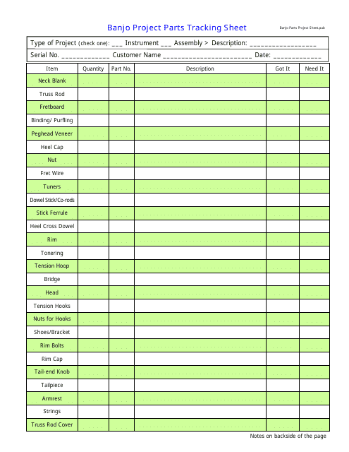Banjo Project Parts Tracking Sheet Template Image Preview