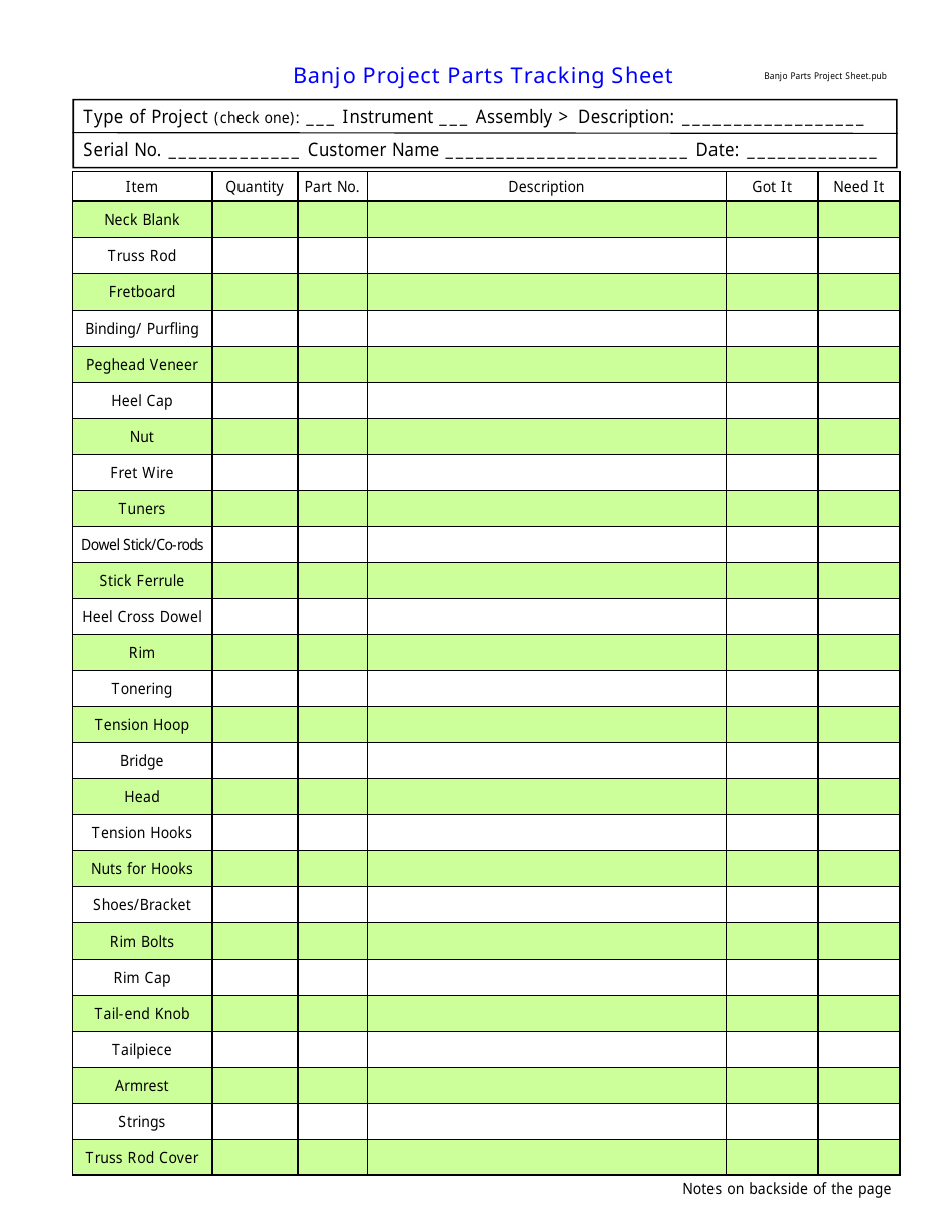 Banjo Project Parts Tracking Sheet Template Image Preview