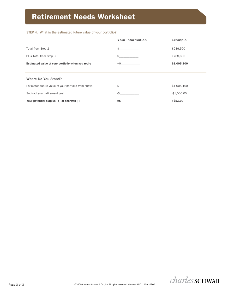 Retirement Needs Worksheet Template - Charles Schwab, Page 3