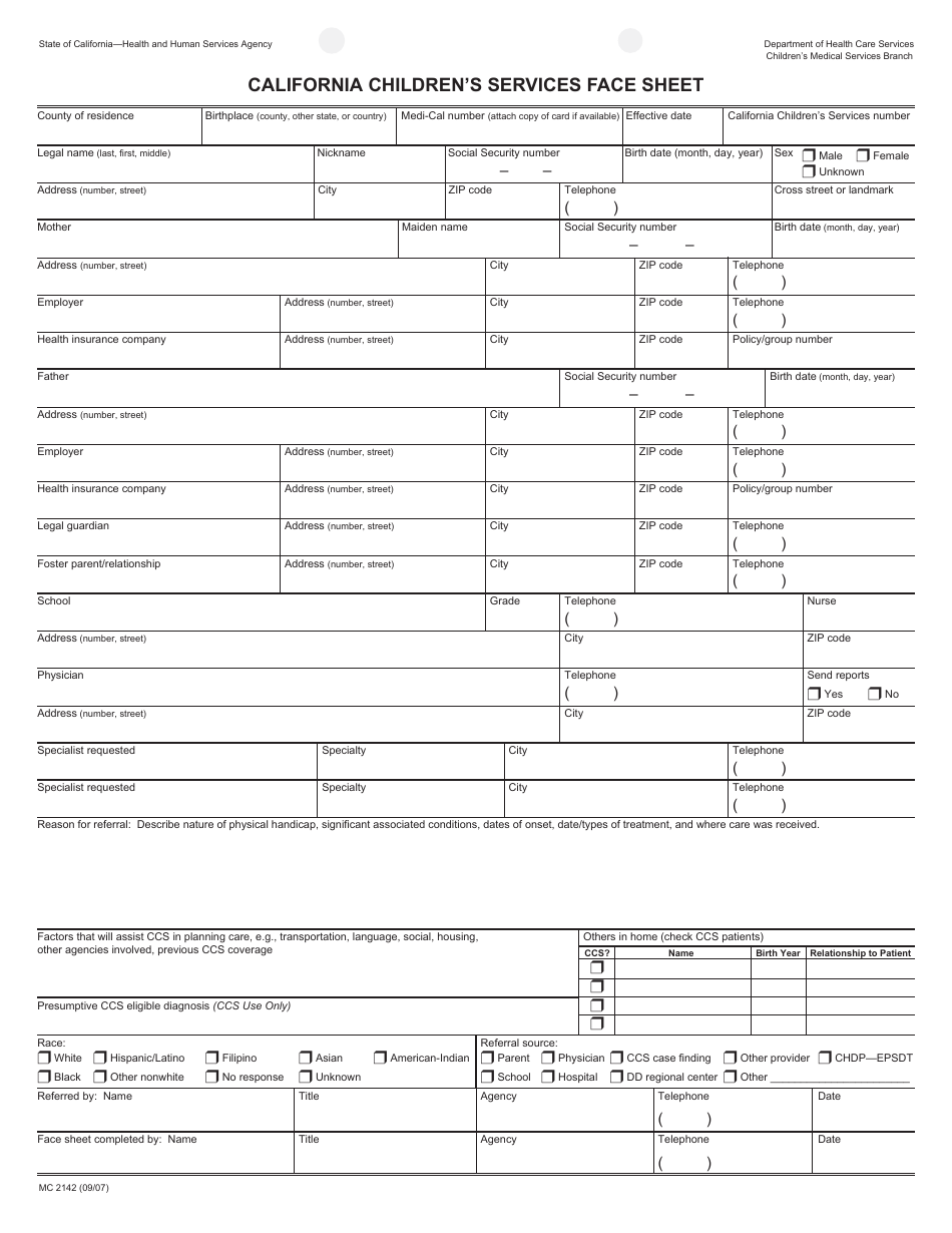 Form MC2142 California Childrens Services Face Sheet - California, Page 1
