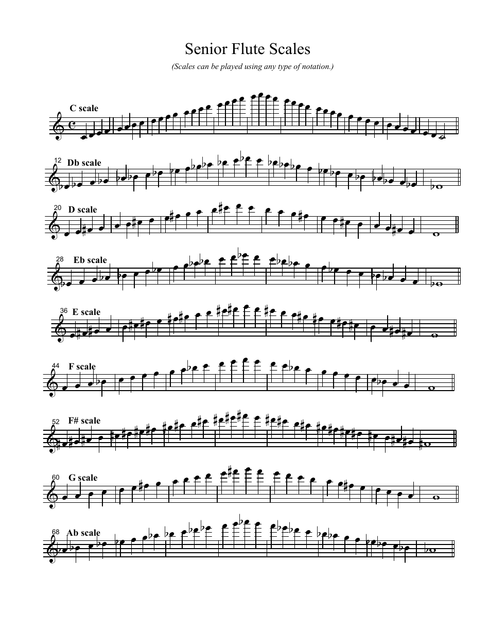 Senior Flute Scale Sheet - A comprehensive collection of scales for senior flute players.