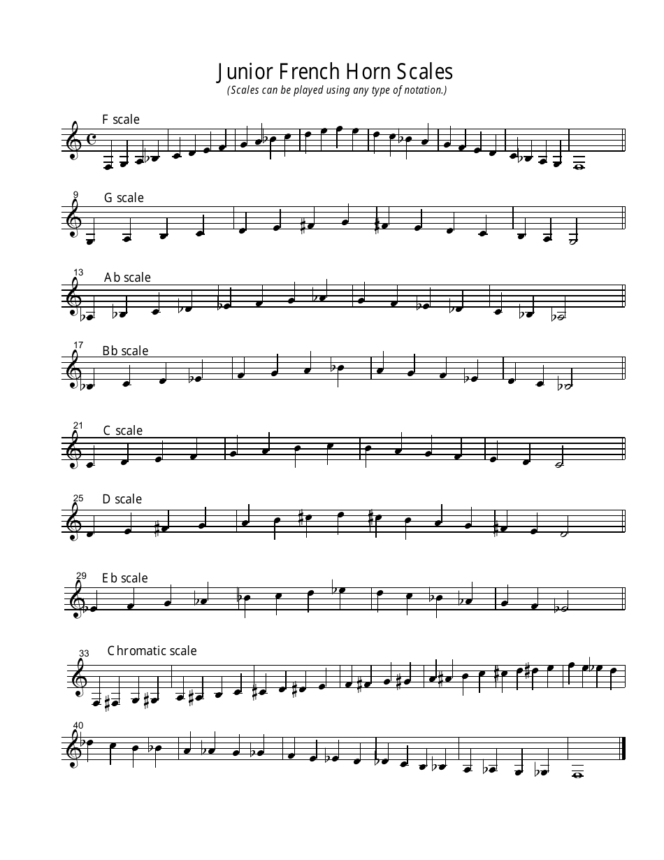Junior French Horn Scale Sheet Image Preview