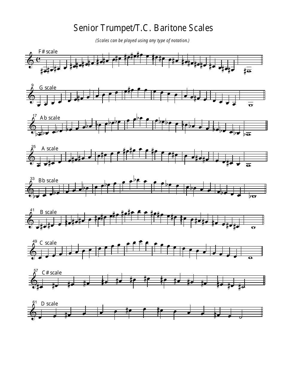 Sheet music for the senior trumpet/T.C. baritone scale with notes and highlighted finger placements.