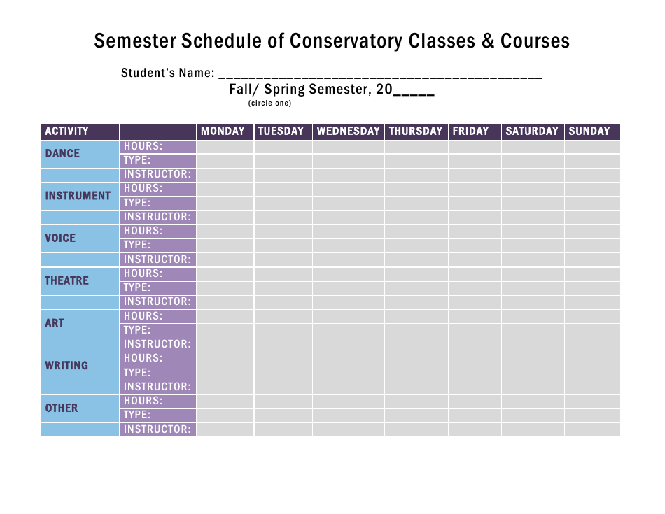 Semester Schedule of Conservatory Classes & Courses Template