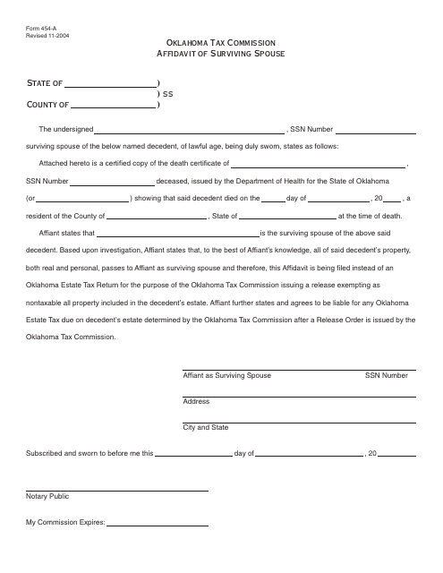 OTC Form 454-A Affidavit of Surviving Spouse - Oklahoma