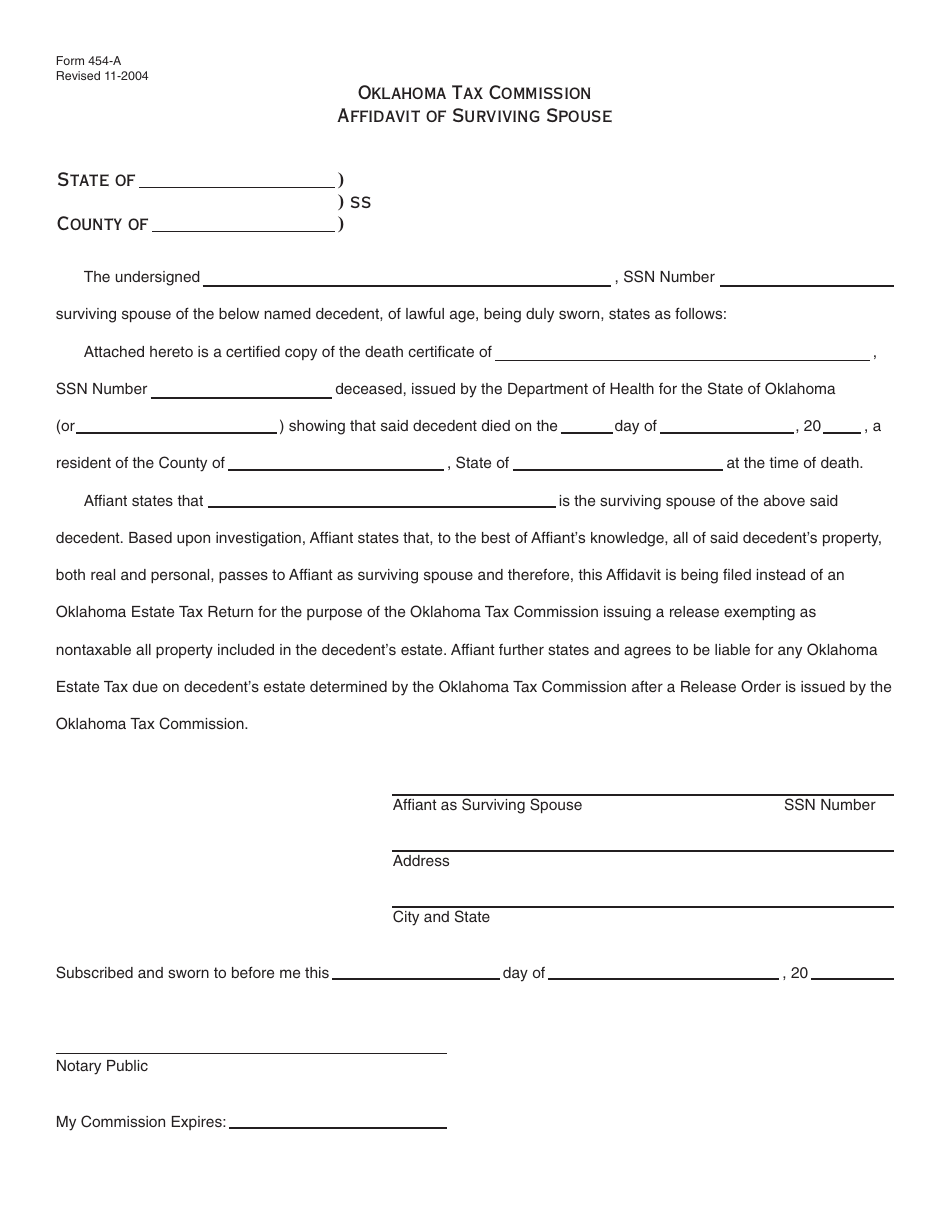 OTC Form 454-A Affidavit of Surviving Spouse - Oklahoma, Page 1