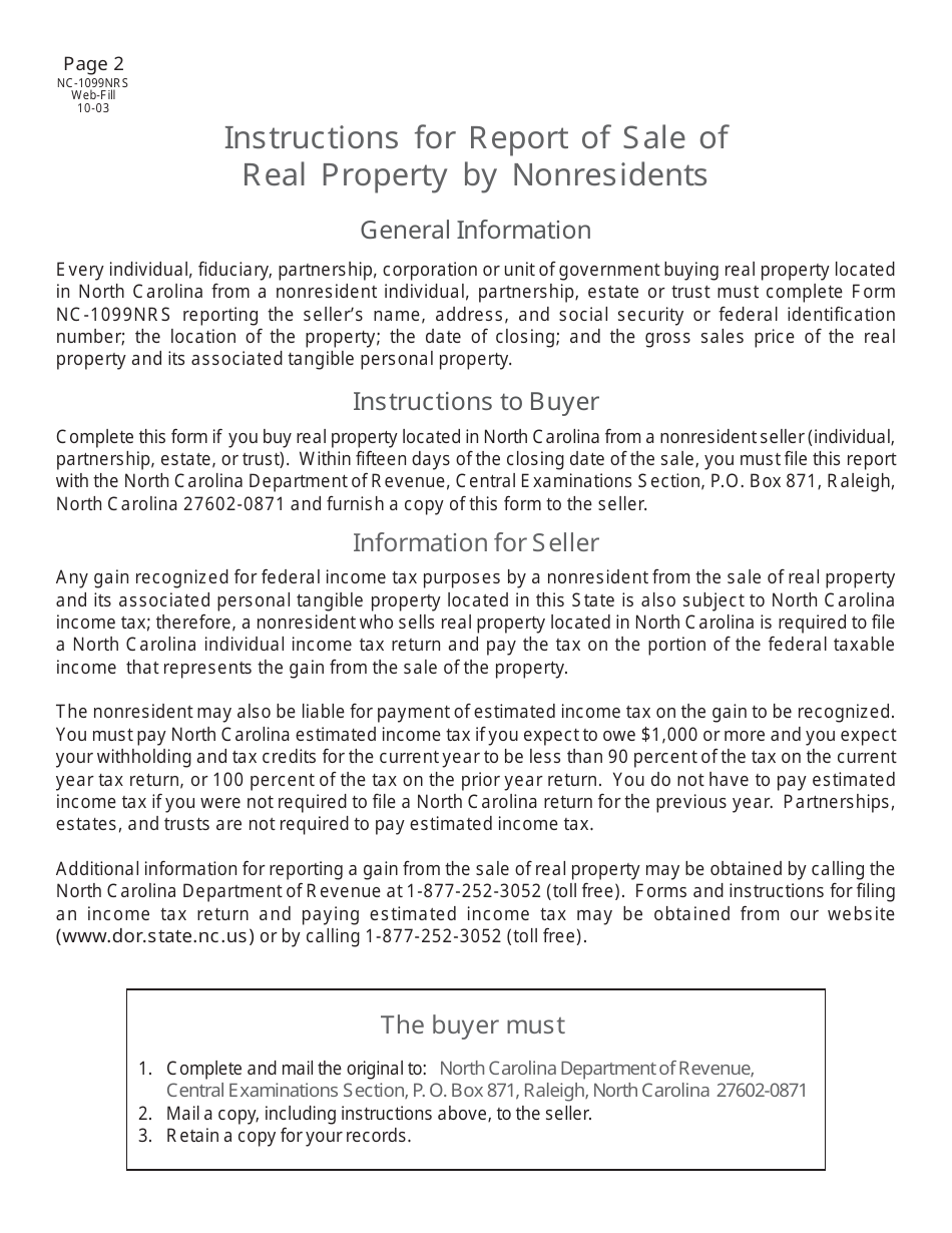 Form NC-1099NRS Report of Sale of Real Property by Nonresidents - North Carolina, Page 2