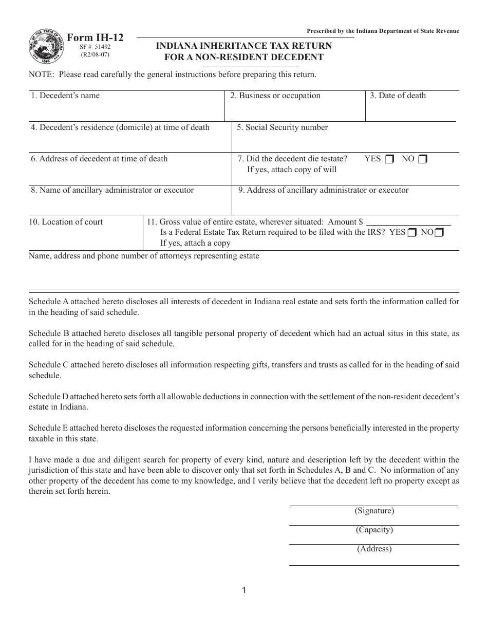 State Form 51492 (IH-12) Indiana Inheritance Tax Return for a Non-resident Decedent - Indiana, Page 1