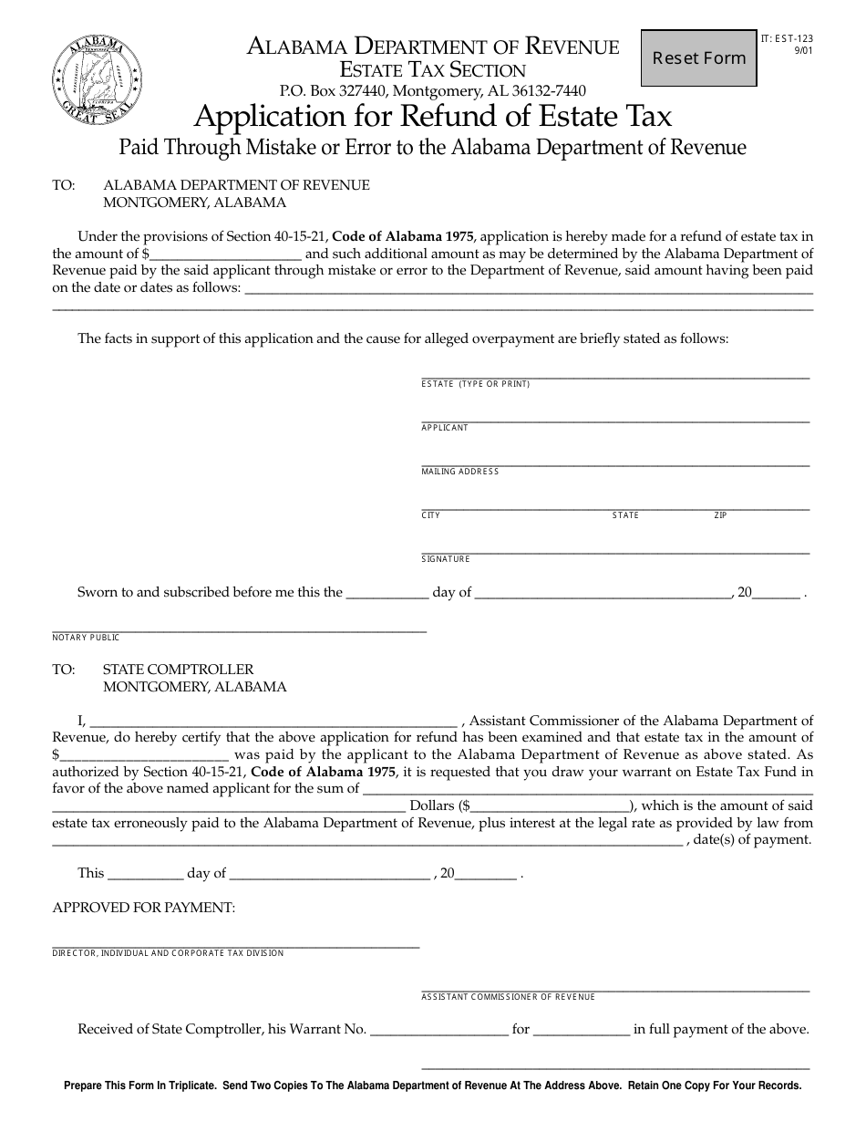 Form IT: EST-123 Application for Refund of Estate Tax - Alabama, Page 1