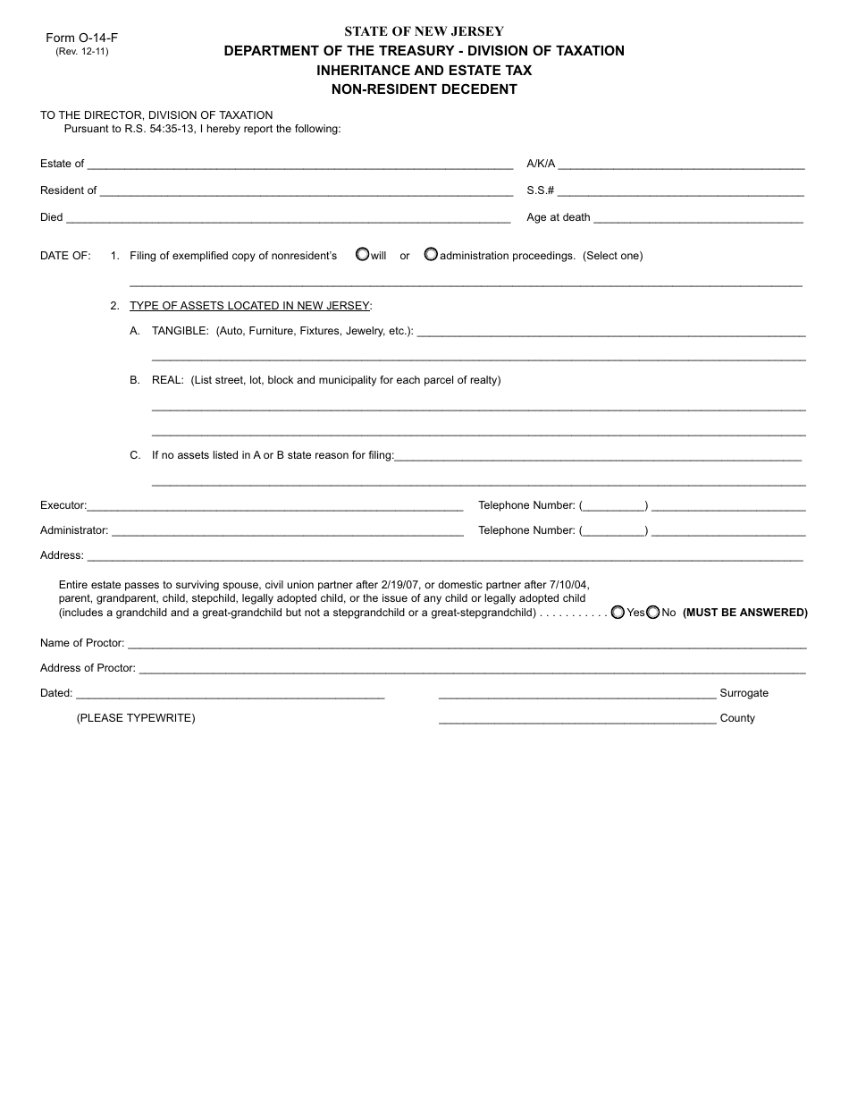 Form O-14-f Inheritance and Estate Tax Non-resident Decedent - New Jersey, Page 1