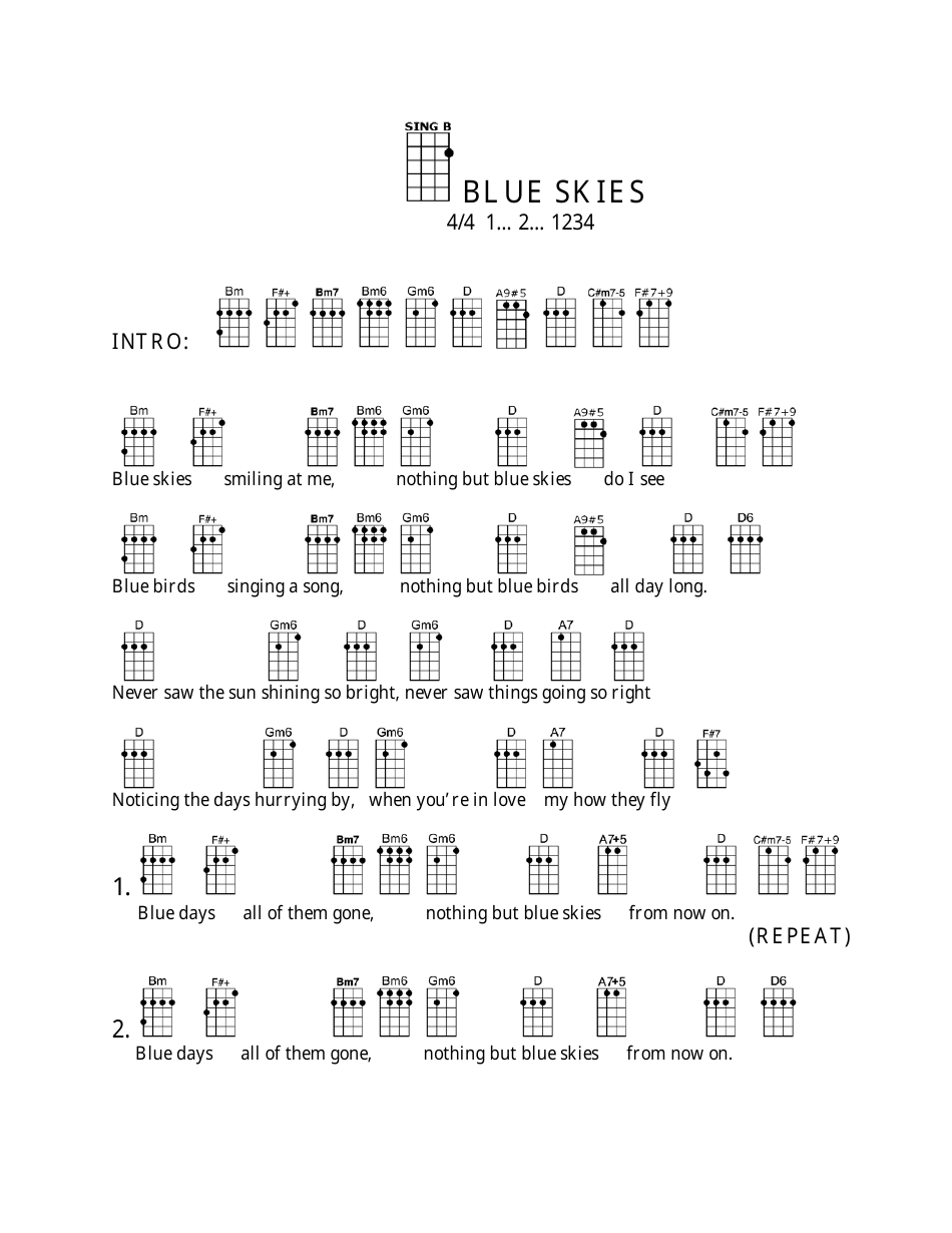 Blue Skies Ukulele Chord Chart Image Preview