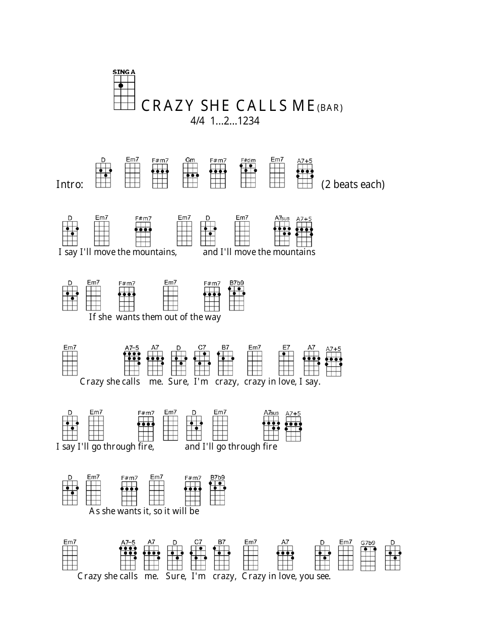 Crazy She Calls Me (Bar) Ukulele Chord Chart - Preview Image