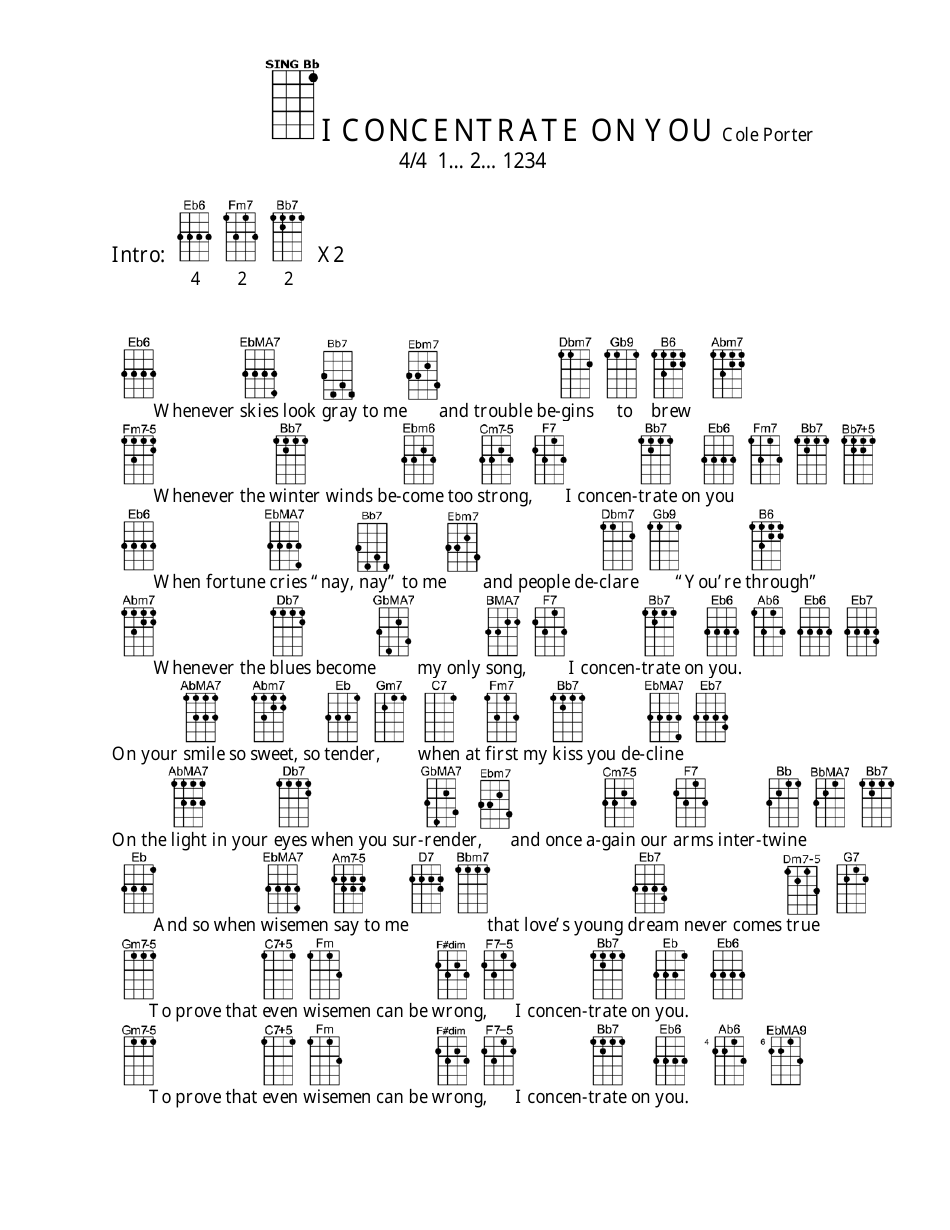 Ukulele chord chart for the song "I Concentrate on You" by Cole Porter