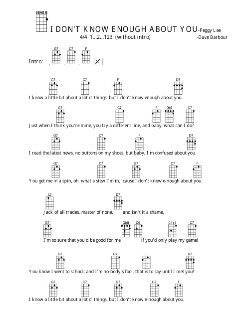 Peggy Lee - I Don't Know Enough About You Ukulele Chord Chart