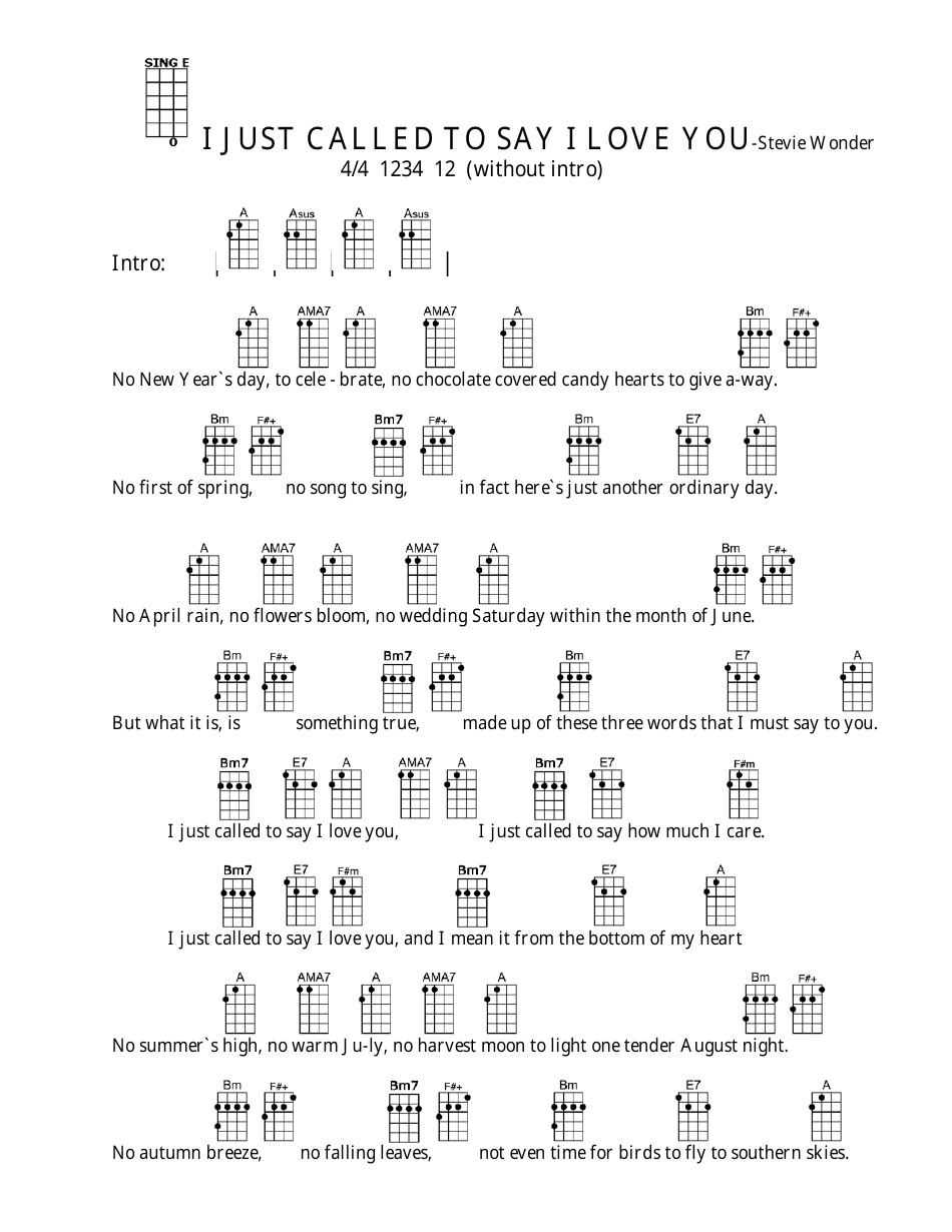 A ukulele chord chart for Stevie Wonder's "I Just Called to Say I Love You