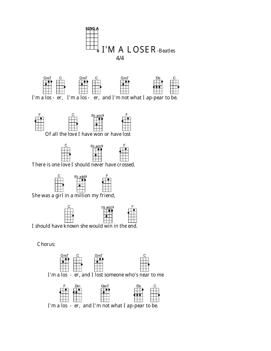 The Beatles - I'm a Loser Ukulele Chord Chart - Image Preview