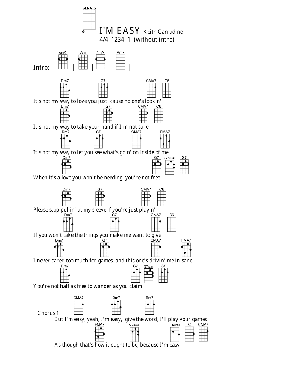 A clear and informative ukulele chord chart for "I'm Easy" by Keith Carradine