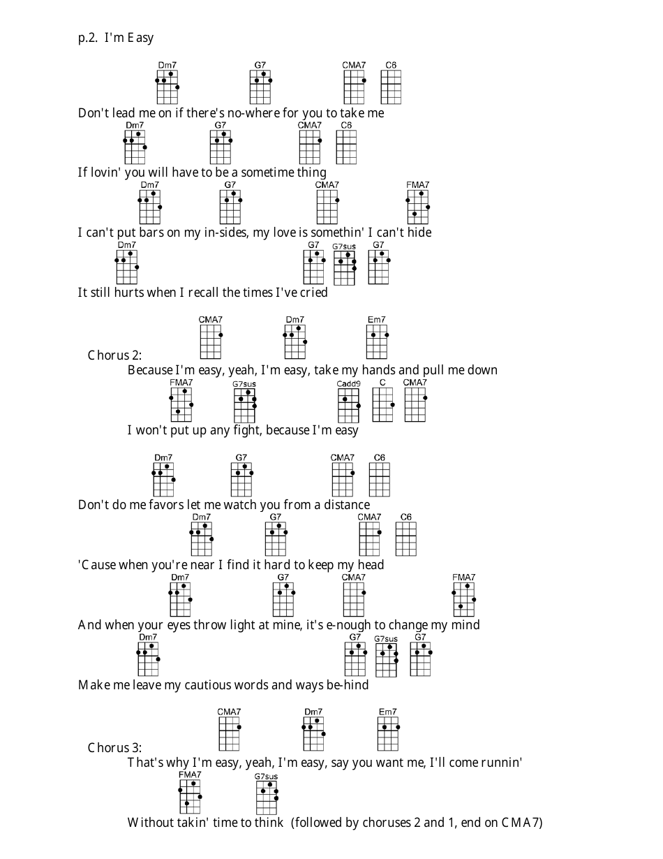 Keith Carradine - I'm Easy Ukulele Chord Chart Download Printable PDF ...