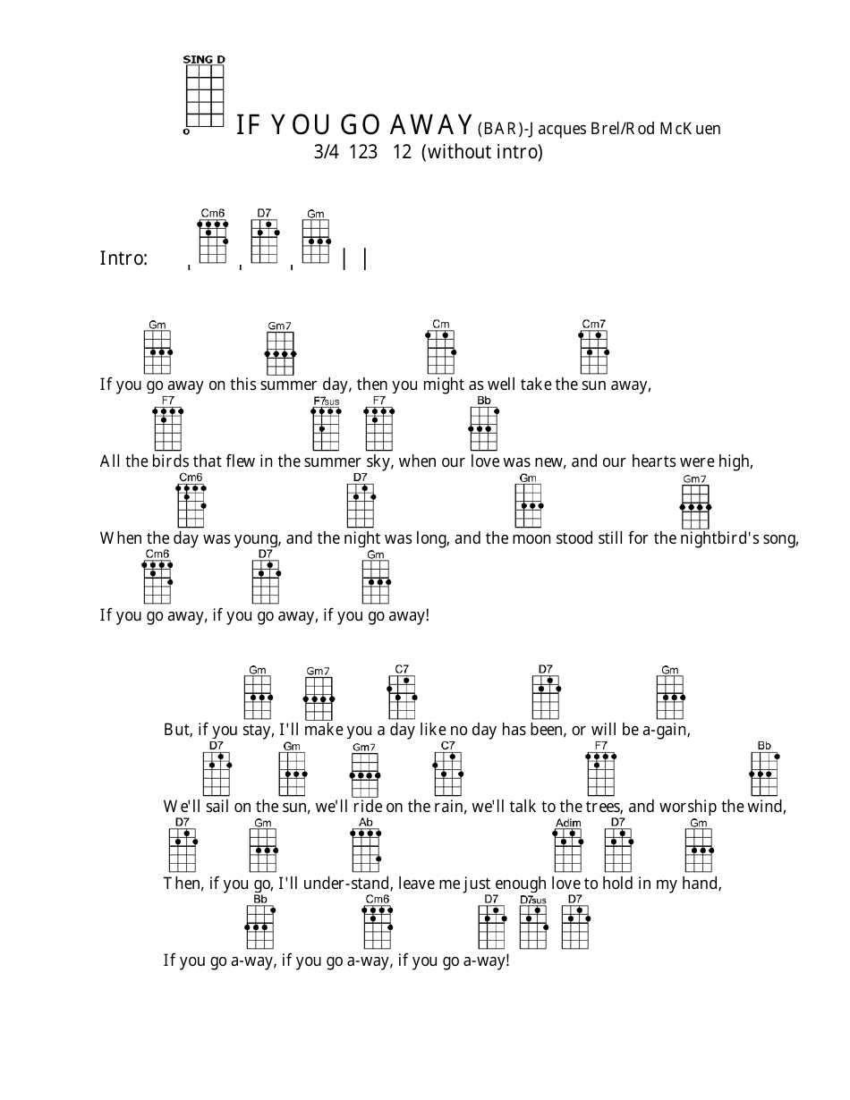 Jacques Brel/Rod Mckuen - If You Go Away Ukulele Chord Chart Preview Image