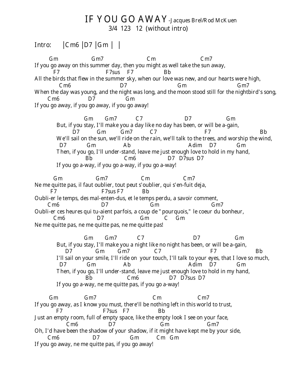 Jacques Brel / Rod Mckuen - if You Go Away Ukulele Chord Chart, Page 3