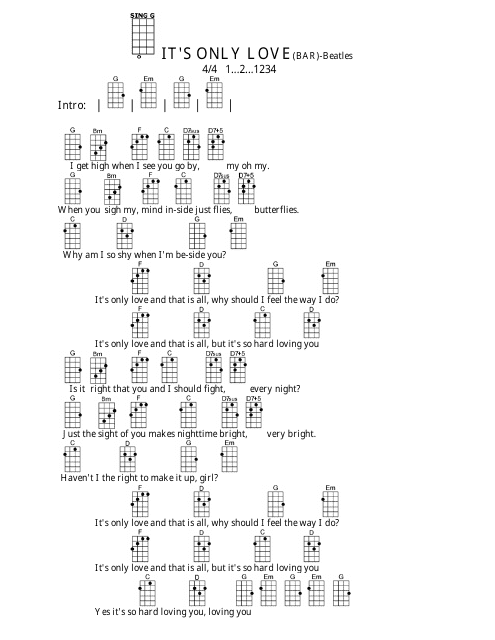 The Beatles - It's Only Love(Bar) Ukulele Chord Chart