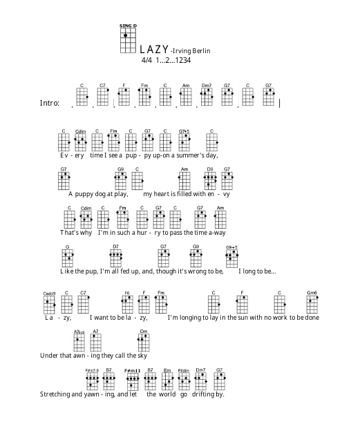 Irving Berlin - Lazy Ukulele Chord Chart