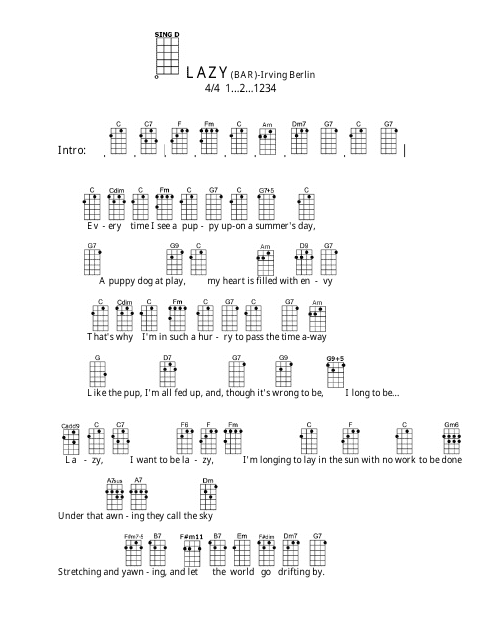 Irving Berlin - Lazy (Bar) Ukulele Chord Chart