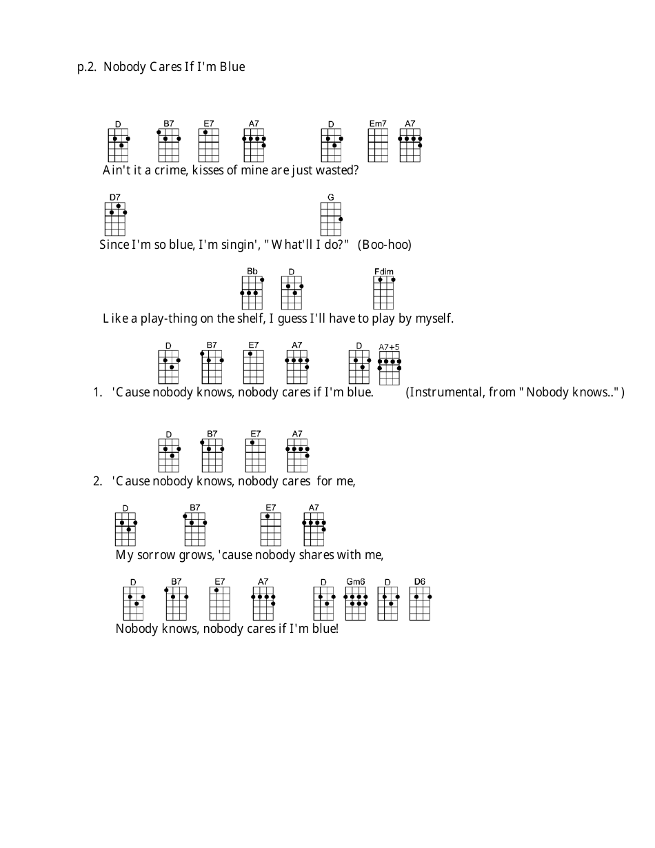 Harry Akst - Nobody Cares if I'm Blue(Bar) Ukulele Chord Chart Download ...