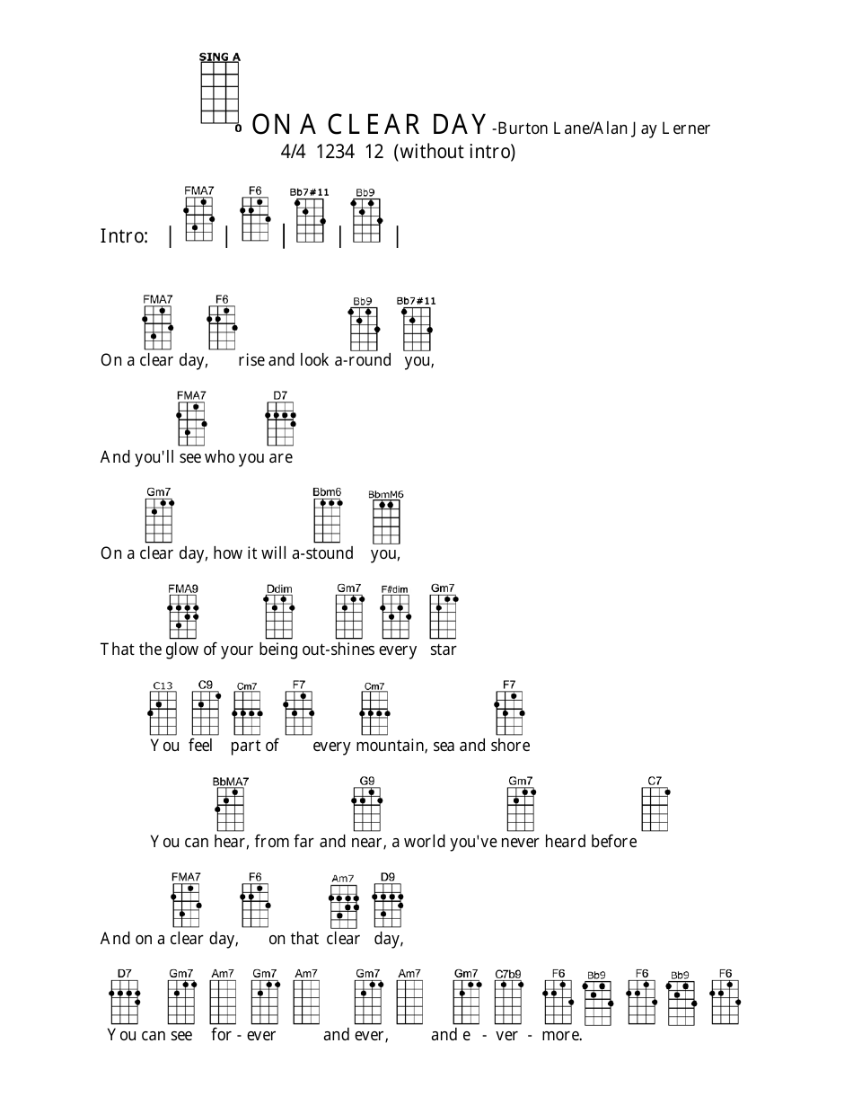 On a Clear Day Ukulele Chord Chart by Burton Lane and Alan Jay Lerner