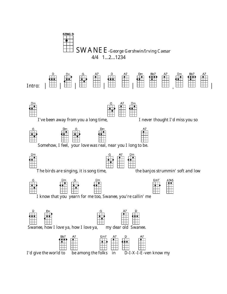Swanee Ukulele Chord Chart by George Gershwin and Irving Caesar - Image Preview