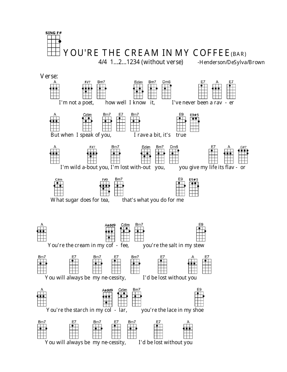 Henderson/Desylva/Brown - You're the Cream in My Coffee Bar Ukulele Chor Chart