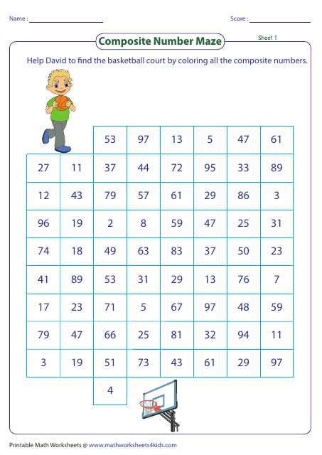 Composite Number Maze Worksheet With Answer Key - Basketball