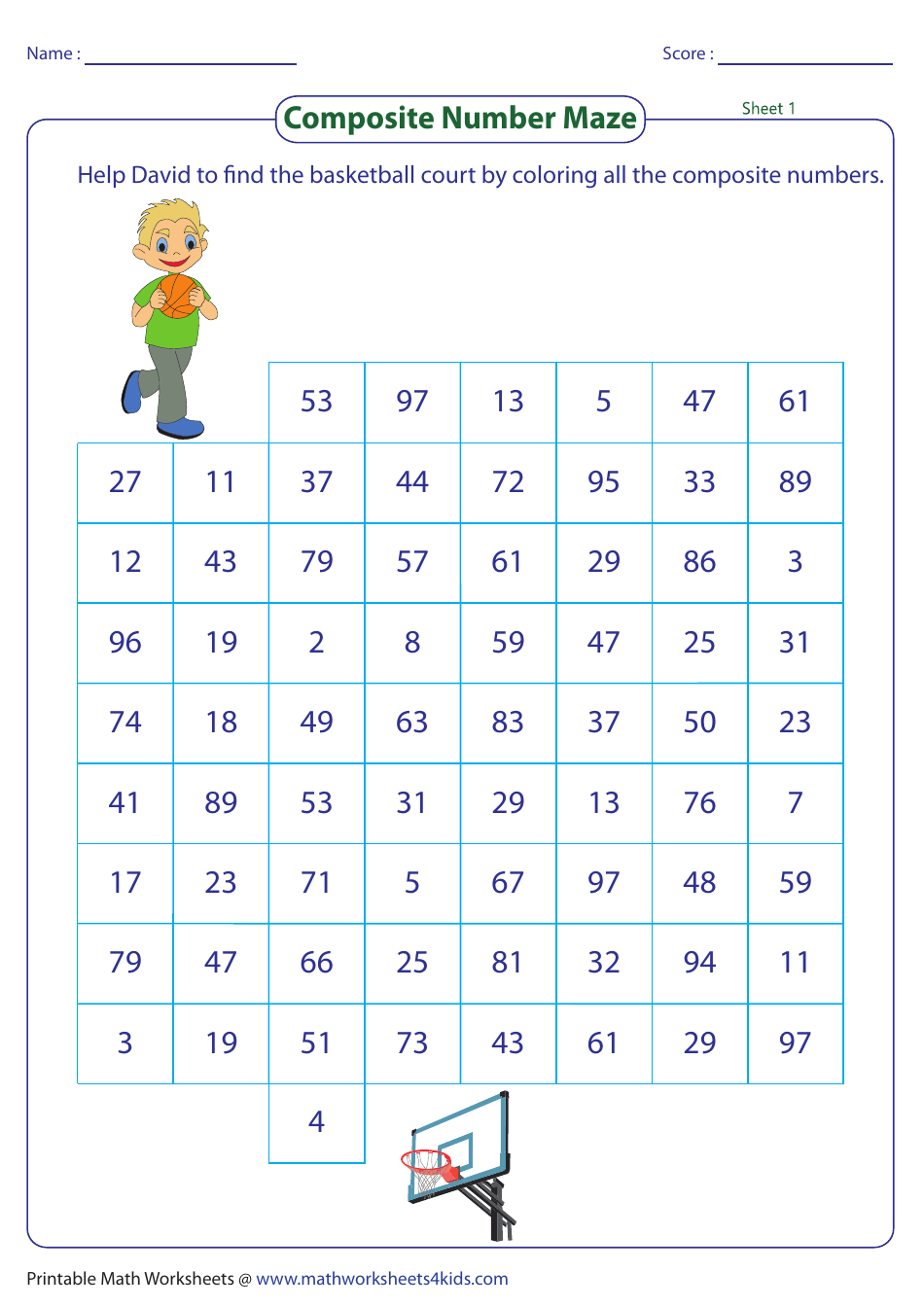 Composite Number Maze Worksheet With Answer Key Basketball Download Printable PDF Templateroller