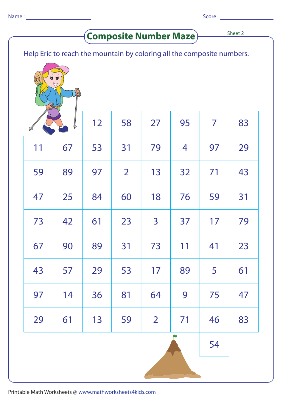 Composite Number Maze Worksheet