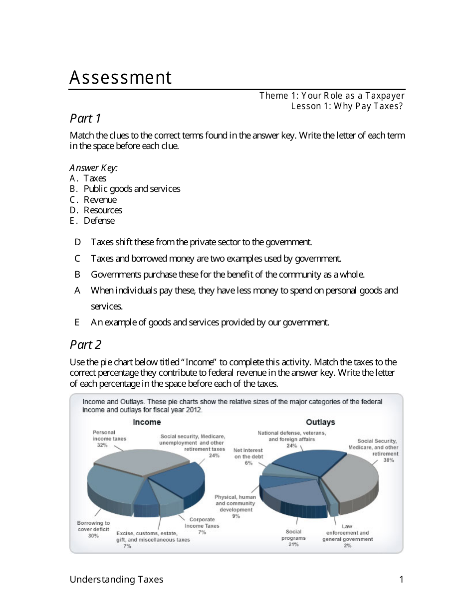 Your Role as a Taxpayer Assessment Answer Sheet - IRS, Understanding Taxes, Page 1
