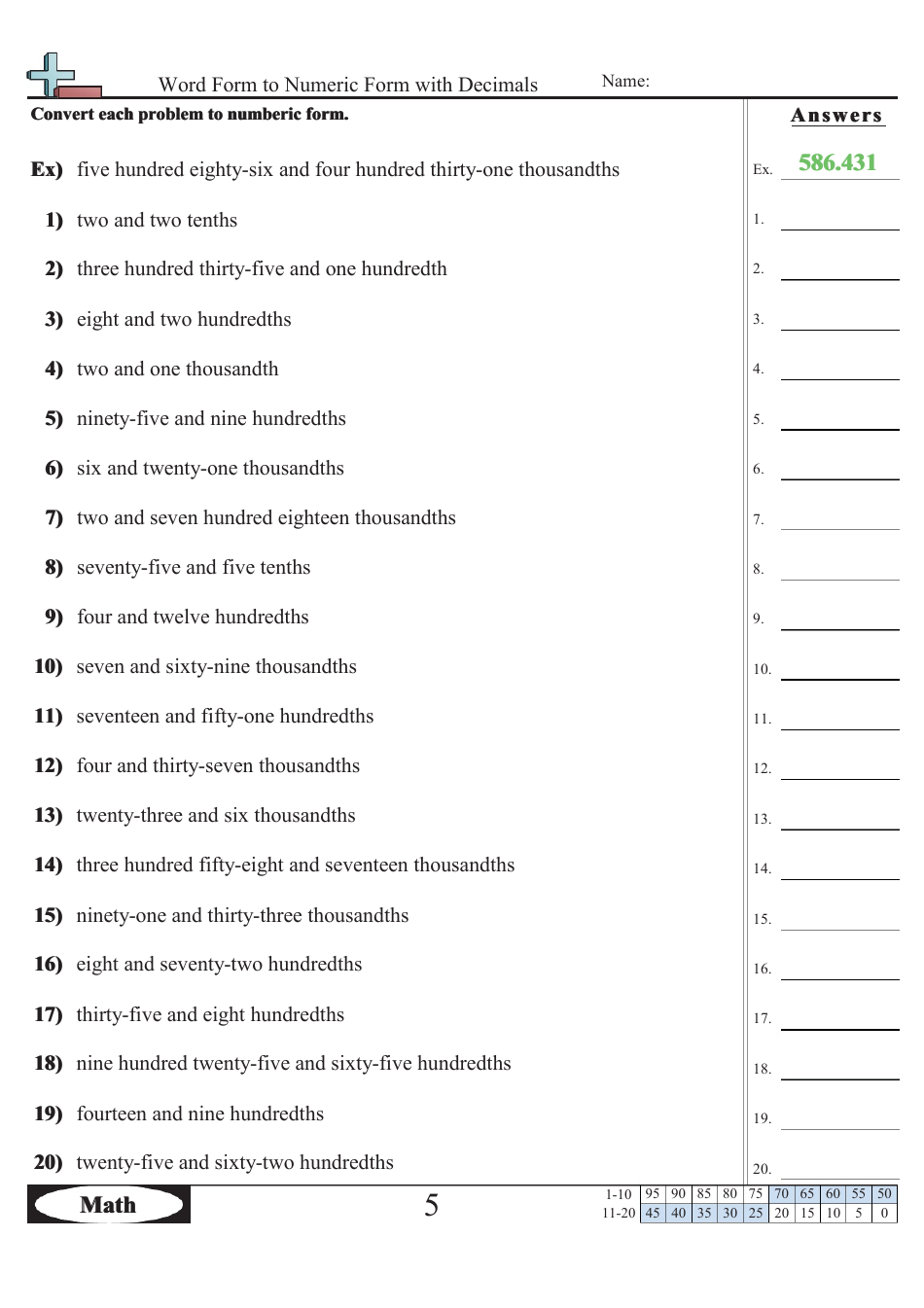 Word Form to Numeric Form With Decimals Worksheet With Answers - 586.431, Page 1