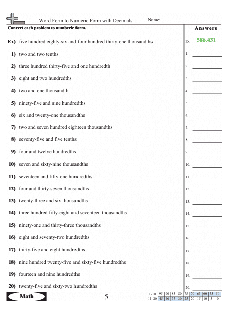 &quot;Word Form to Numeric Form With Decimals Worksheet With Answers&quot; Download Pdf