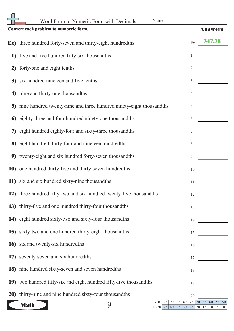 Word Form to Numeric Form With Decimals Worksheet With Answers - 347.38, Page 1